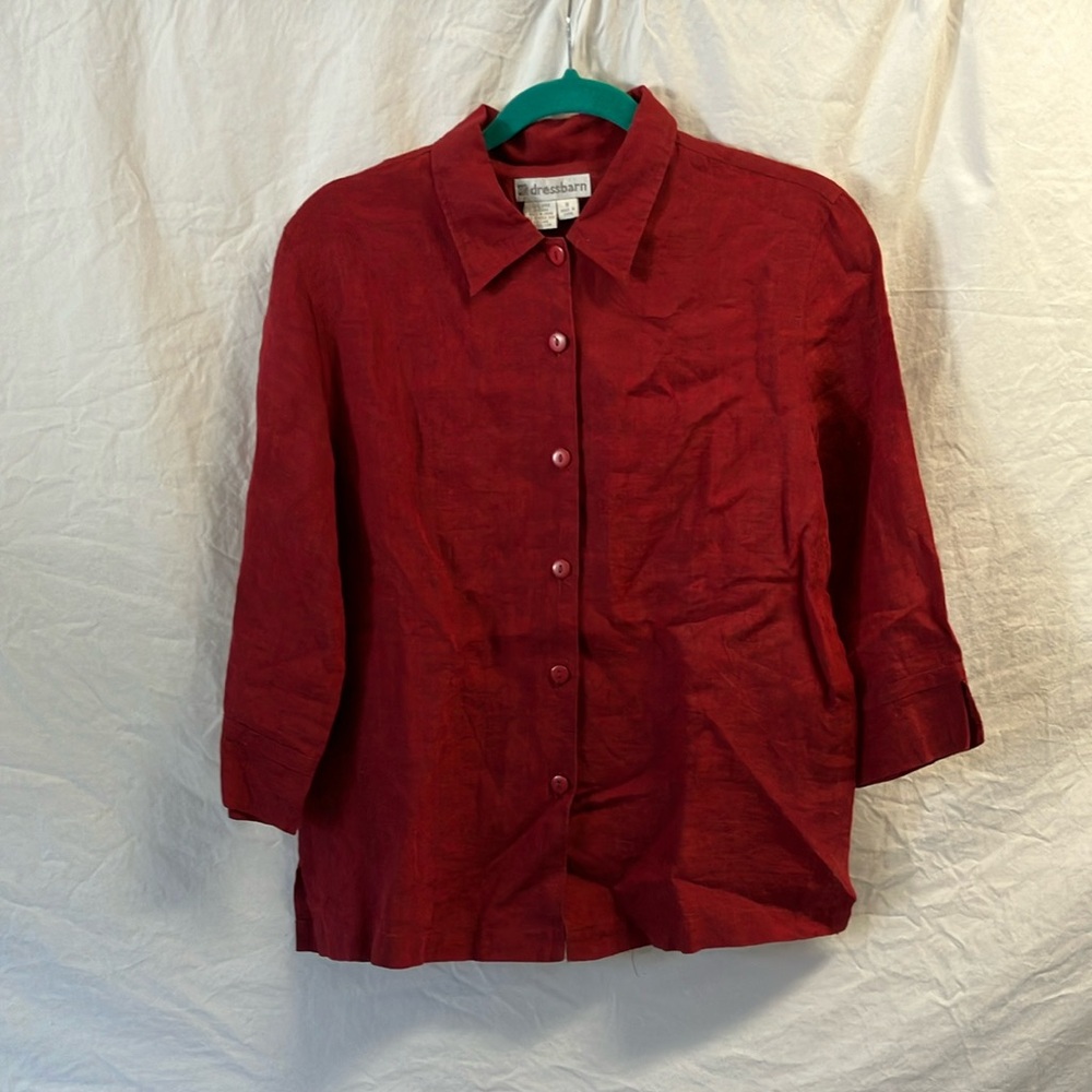 Dress barn women’s S Red burgundy maroon linen Button-Up Blouse